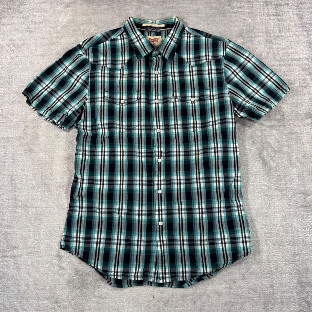 Levis Shirt Mens Medium Teal Plaid Western Pearl Snap Slim Fit Short Sleeve